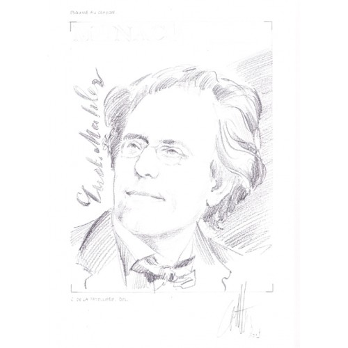 MONACO 2009 Romantic composer Gustav Mahler (blk) Signatured Stamp Artist´s Original Motif tot:169/229mm