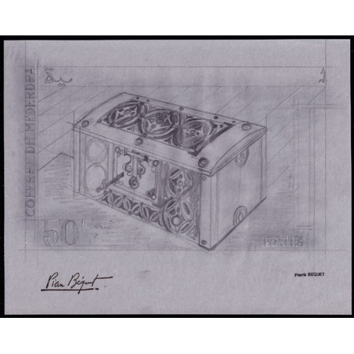 MAURITANIA 1965 Big box lock 50F Signatured Stamp Artist´s Original Motif:249/119mm